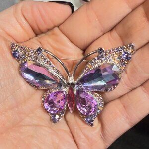Butterfly Brooch Purple Rhinestone Statement Pin 2.5 Inch